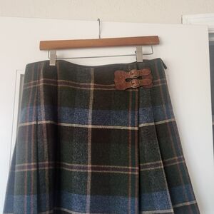 Ralph Lauren Dark Green Plaid Midi Skirt with Leather Buckle Detail